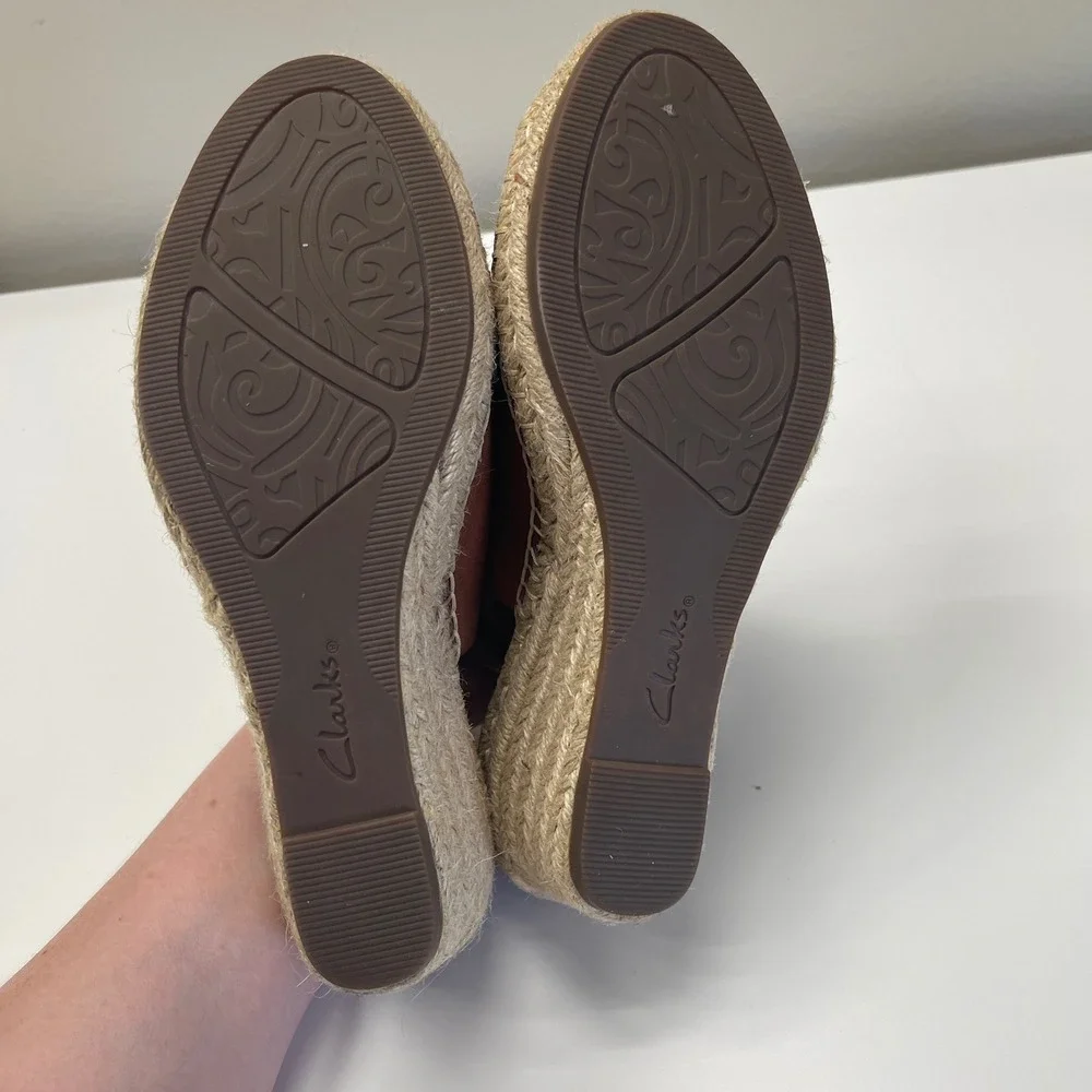 Clarks Artisan Wedge Sandals 7 Pertina Meera Tan Leather Espadrille Peep Toe